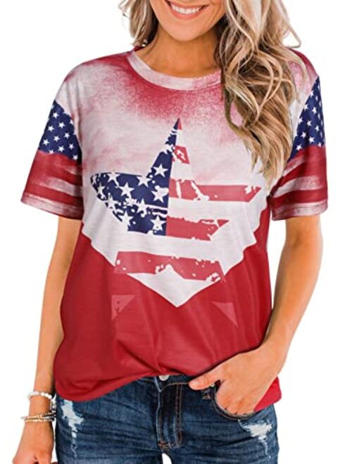 BANGELY American Flag T Shirt Women Stars Stripes 4th of July Shirt Raglan Short Sleeve Graphic Patriotic Top Tees