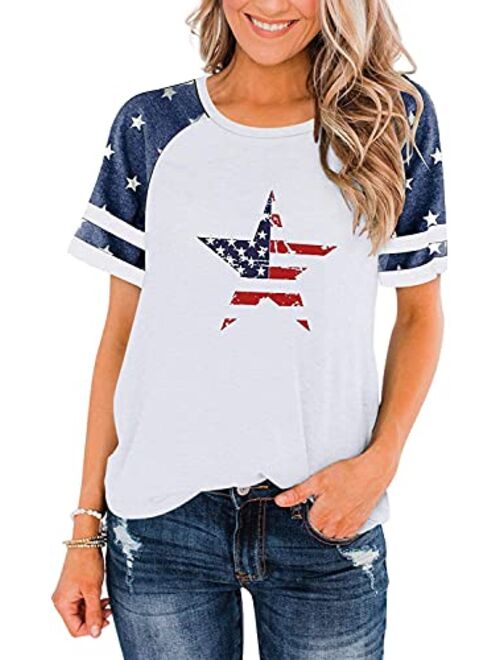 BANGELY American Flag T Shirt Women Stars Stripes 4th of July Shirt Raglan Short Sleeve Graphic Patriotic Top Tees