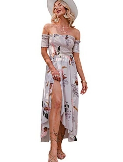 Miessial Women's Polka Dot Off Shoulder Long Dress Cute Summer Split Maxi Dress