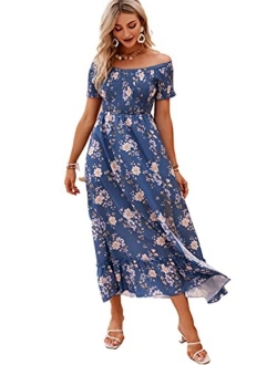 Miessial Women's Polka Dot Off Shoulder Long Dress Cute Summer Split Maxi Dress