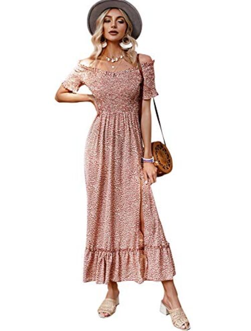 Miessial Women's Polka Dot Off Shoulder Long Dress Cute Summer Split Maxi Dress