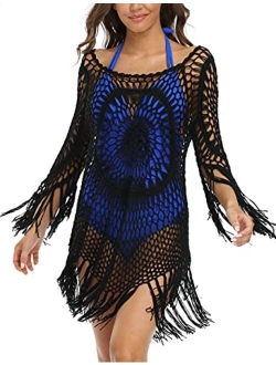 Women's Swimsuit Cover Ups Crochet Hollow Out Tassel Swimwear Beach Dress