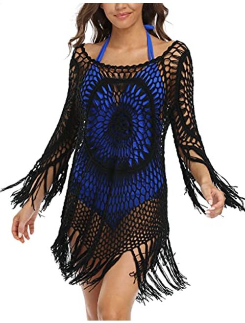 Hilor Women's Swimsuit Cover Ups Crochet Hollow Out Tassel Swimwear Beach Dress