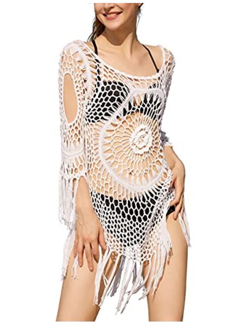 Hilor Women's Swimsuit Cover Ups Crochet Hollow Out Tassel Swimwear Beach Dress