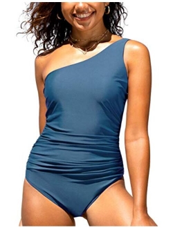 Women's One Piece Swimsuits Shirred One Shoulder Swimwear Asymmetric Bathing Suits Cutout Monokini