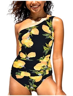 Women's One Piece Swimsuits Shirred One Shoulder Swimwear Asymmetric Bathing Suits Cutout Monokini