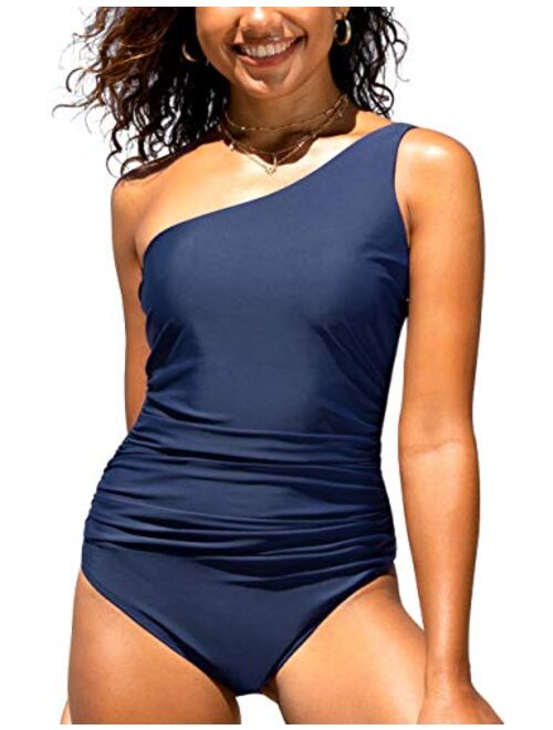 Hilor Women's One Piece Swimsuits Shirred One Shoulder Swimwear Asymmetric Bathing Suits Cutout Monokini