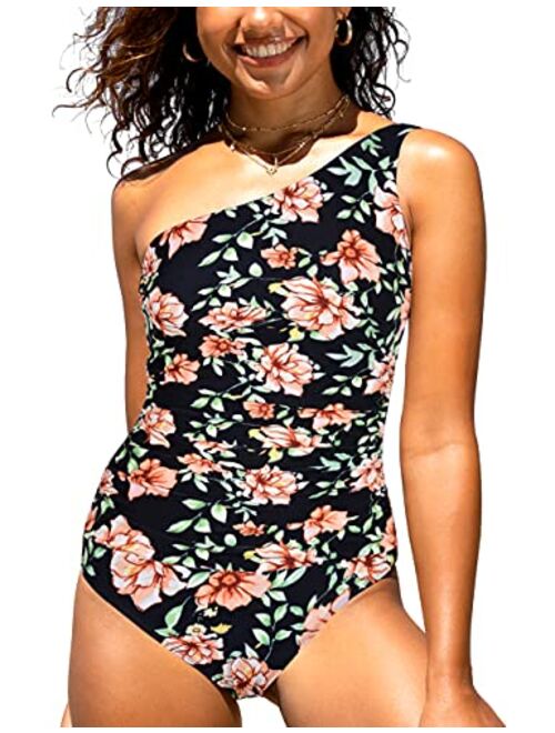 Hilor Women's One Piece Swimsuits Shirred One Shoulder Swimwear Asymmetric Bathing Suits Cutout Monokini