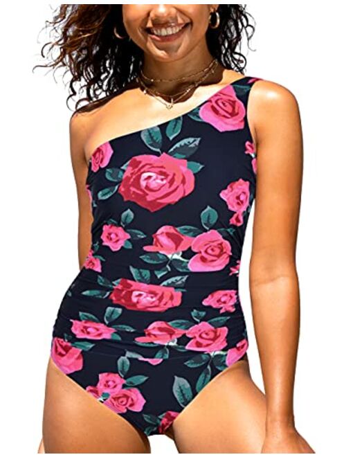 Hilor Women's One Piece Swimsuits Shirred One Shoulder Swimwear Asymmetric Bathing Suits Cutout Monokini