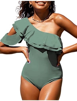 Women's One Shoulder Swimwear Asymmetric One Piece Swimsuits Ruffled Bathing Suits