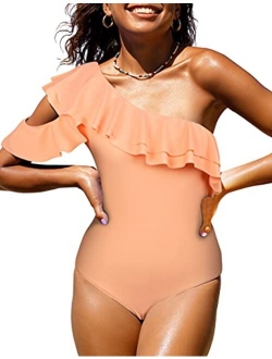 Women's One Shoulder Swimwear Asymmetric One Piece Swimsuits Ruffled Bathing Suits