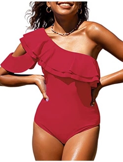 Women's One Shoulder Swimwear Asymmetric One Piece Swimsuits Ruffled Bathing Suits