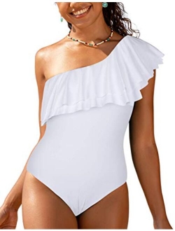 Women's One Shoulder Swimwear Asymmetric One Piece Swimsuits Ruffled Bathing Suits