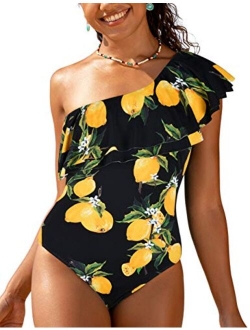 Women's One Shoulder Swimwear Asymmetric One Piece Swimsuits Ruffled Bathing Suits