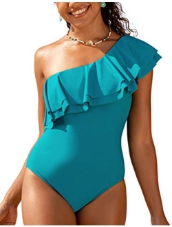 Women's One Shoulder Swimwear Asymmetric One Piece Swimsuits Ruffled Bathing Suits