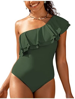 Women's One Shoulder Swimwear Asymmetric One Piece Swimsuits Ruffled Bathing Suits