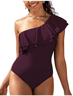 Women's One Shoulder Swimwear Asymmetric One Piece Swimsuits Ruffled Bathing Suits