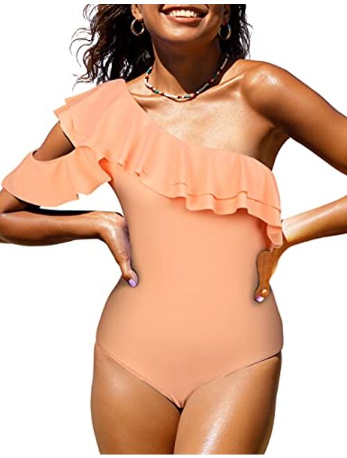 Hilor Women's One Shoulder Swimwear Asymmetric One Piece Swimsuits Ruffled Bathing Suits