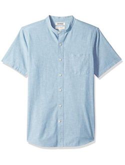 Men's Slim-Fit Short-Sleeve Band-Collar Chambray Shirt