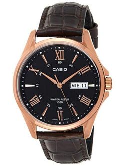 #MTP1384L-1AV Men's Rose Tone Leather Band Day Date Roman Black Dial Watch