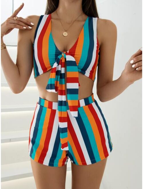 Shein Striped Knot Front Bikini Swimsuit