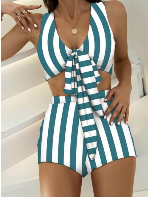 Shein Striped Knot Front Bikini Swimsuit