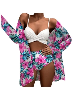 New Bikini Swimwear Women Fashion Printing Sexy Bikini 3 Piece Mesh Split Swimsuit Beach Suit Beach Wear Biquini Bathing Suit