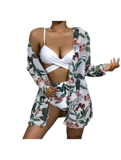 New Bikini Swimwear Women Fashion Printing Sexy Bikini 3 Piece Mesh Split Swimsuit Beach Suit Beach Wear Biquini Bathing Suit