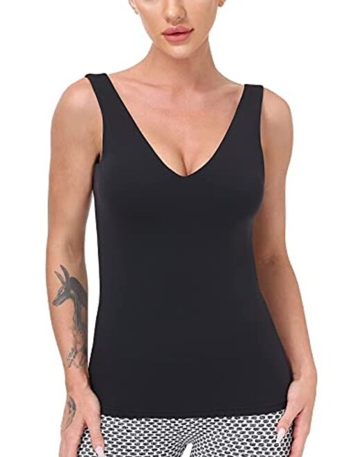 Workout Tops for Women Yoga Tank Tops with Built in Bra Wirefree Padded Yoga Bras Gym Running Athletic Shirt V-Neck Camisole