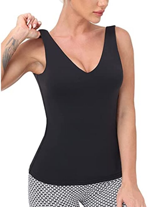 Workout Tops for Women Yoga Tank Tops with Built in Bra Wirefree Padded Yoga Bras Gym Running Athletic Shirt V-Neck Camisole