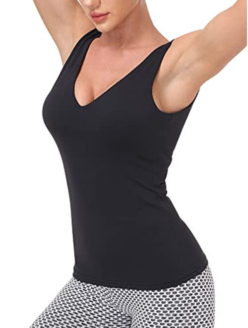 Workout Tops for Women Yoga Tank Tops with Built in Bra Wirefree Padded Yoga Bras Gym Running Athletic Shirt V-Neck Camisole