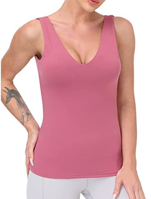 Workout Tops for Women Yoga Tank Tops with Built in Bra Wirefree Padded Yoga Bras Gym Running Athletic Shirt V-Neck Camisole