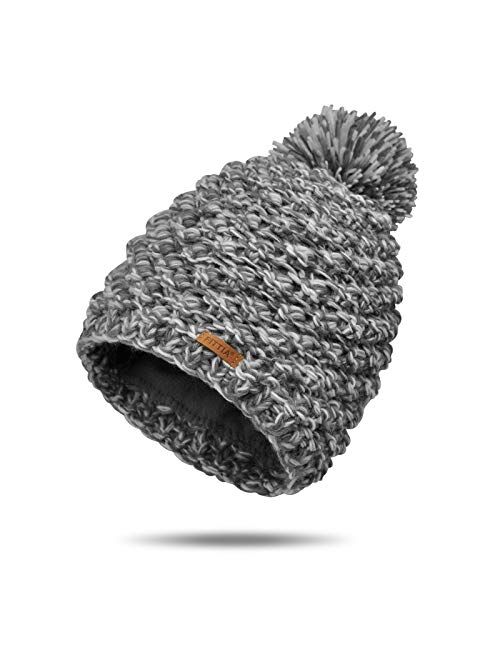 Womens Winter Beanie Hat, Warm Casual Hat Skullies, Skull Ski Cap with Pom Pom