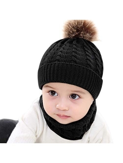 BQUBO Baby Knit Hat Scarf Set Winter Warm Beanie Toddler Hats with Circle Scarf for Infant Pompom Hat