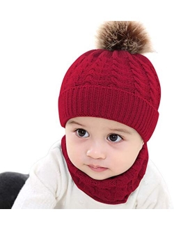 BQUBO Baby Knit Hat Scarf Set Winter Warm Beanie Toddler Hats with Circle Scarf for Infant Pompom Hat