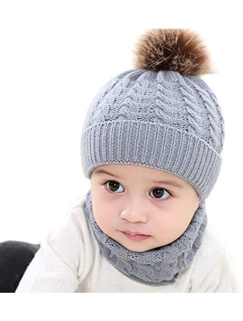 BQUBO Baby Knit Hat Scarf Set Winter Warm Beanie Toddler Hats with Circle Scarf for Infant Pompom Hat