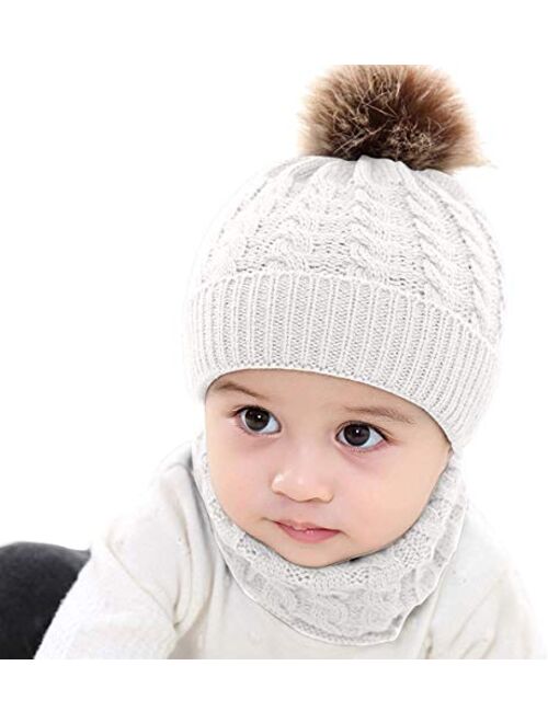 BQUBO Baby Knit Hat Scarf Set Winter Warm Beanie Toddler Hats with Circle Scarf for Infant Pompom Hat