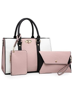 Womens Fashion Two Tone Handbags Top Handle Satchel Shoulder Bag with Matching Wristlet Purse Set