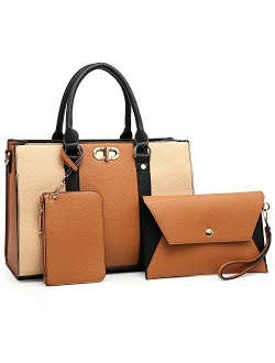 Womens Fashion Two Tone Handbags Top Handle Satchel Shoulder Bag with Matching Wristlet Purse Set