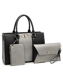 Womens Fashion Two Tone Handbags Top Handle Satchel Shoulder Bag with Matching Wristlet Purse Set