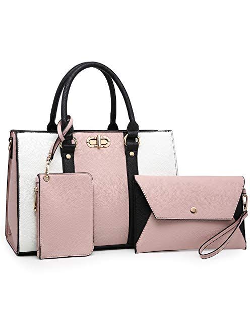 Dasein Womens Fashion Two Tone Handbags Top Handle Satchel Shoulder Bag with Matching Wristlet Purse Set