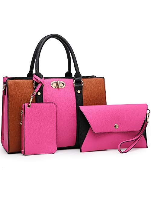 Dasein Womens Fashion Two Tone Handbags Top Handle Satchel Shoulder Bag with Matching Wristlet Purse Set