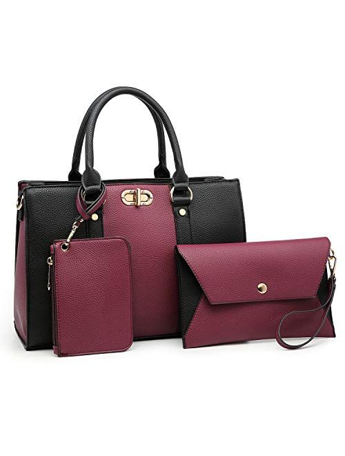 Dasein Womens Fashion Two Tone Handbags Top Handle Satchel Shoulder Bag with Matching Wristlet Purse Set