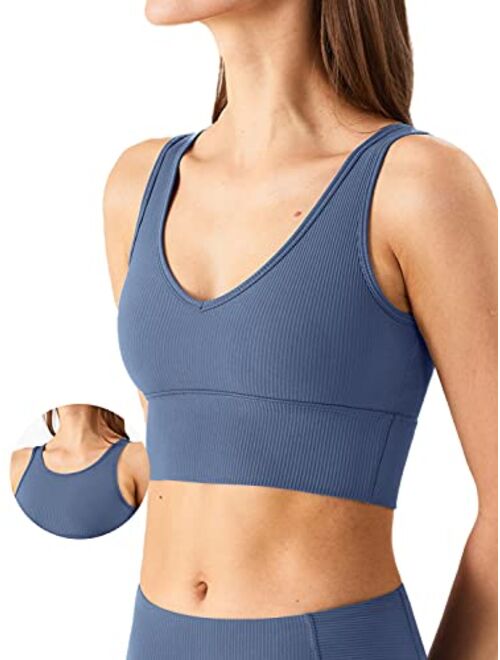 KIKIWING Women's Seamless Sports Bra Workout Crop Top Tank Tops for Women Long Lined Sports Bra Ribbed Crop Top Fitness