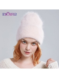 ENJOYFUR Winter hats for women warm long rabbit fur hair female caps fashion solid colors wide cuff young style beanies