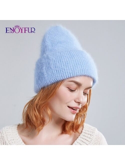 ENJOYFUR Winter hats for women warm long rabbit fur hair female caps fashion solid colors wide cuff young style beanies