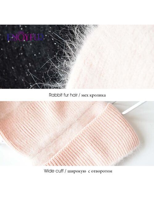 ENJOYFUR Winter hats for women warm long rabbit fur hair female caps fashion solid colors wide cuff young style beanies