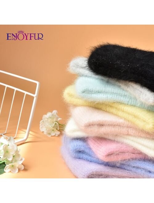 ENJOYFUR Winter hats for women warm long rabbit fur hair female caps fashion solid colors wide cuff young style beanies