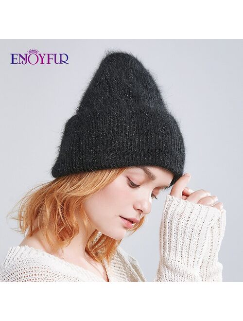 ENJOYFUR Winter hats for women warm long rabbit fur hair female caps fashion solid colors wide cuff young style beanies