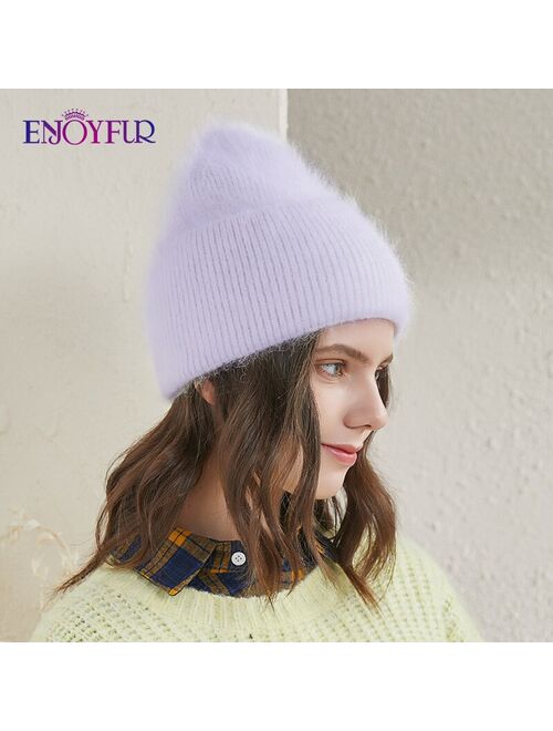 ENJOYFUR Winter hats for women warm long rabbit fur hair female caps fashion solid colors wide cuff young style beanies